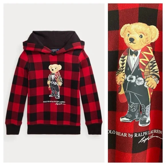Polo Ralph Lauren Polo Bear Fleece Red Black Check Hoodie Sweatshirt - Picture 1 of 11
